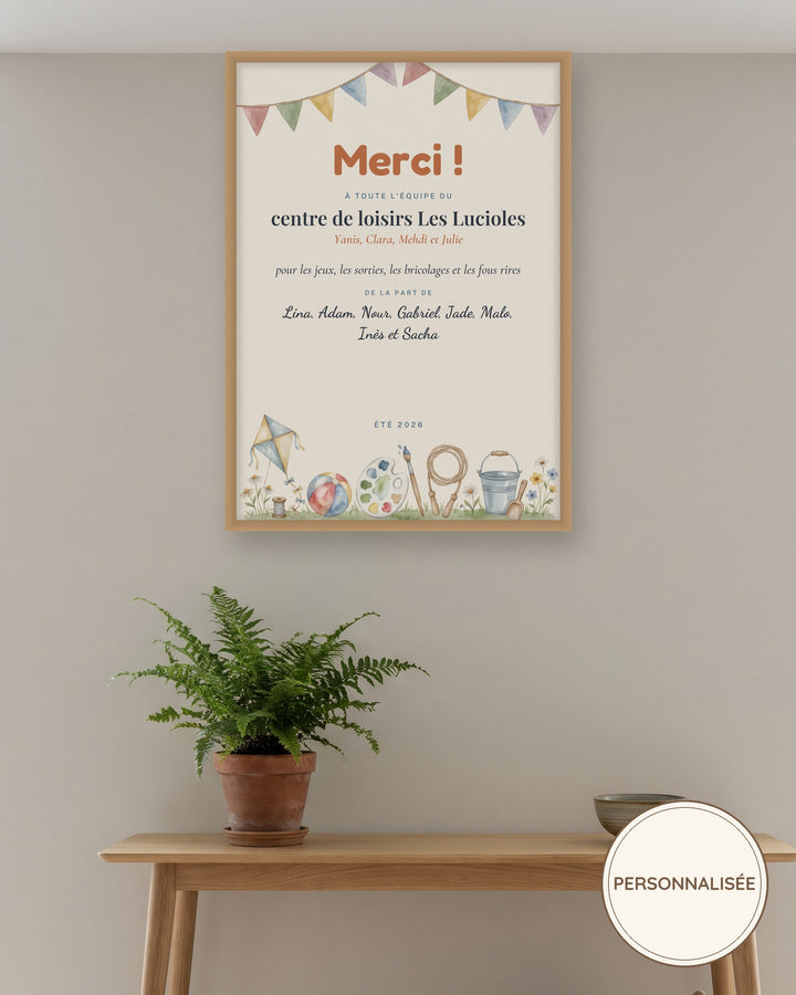 Affiche merci centre de loisirs personnalisée, cadeau animateurs : l’affiche encadrée, exemple personnalisé
