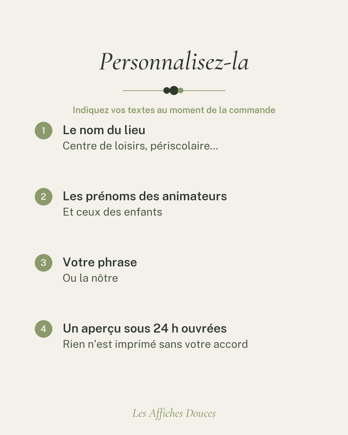 Ce que vous personnalisez : le nom du lieu, les prénoms des animateurs, ceux des enfants et la saison
