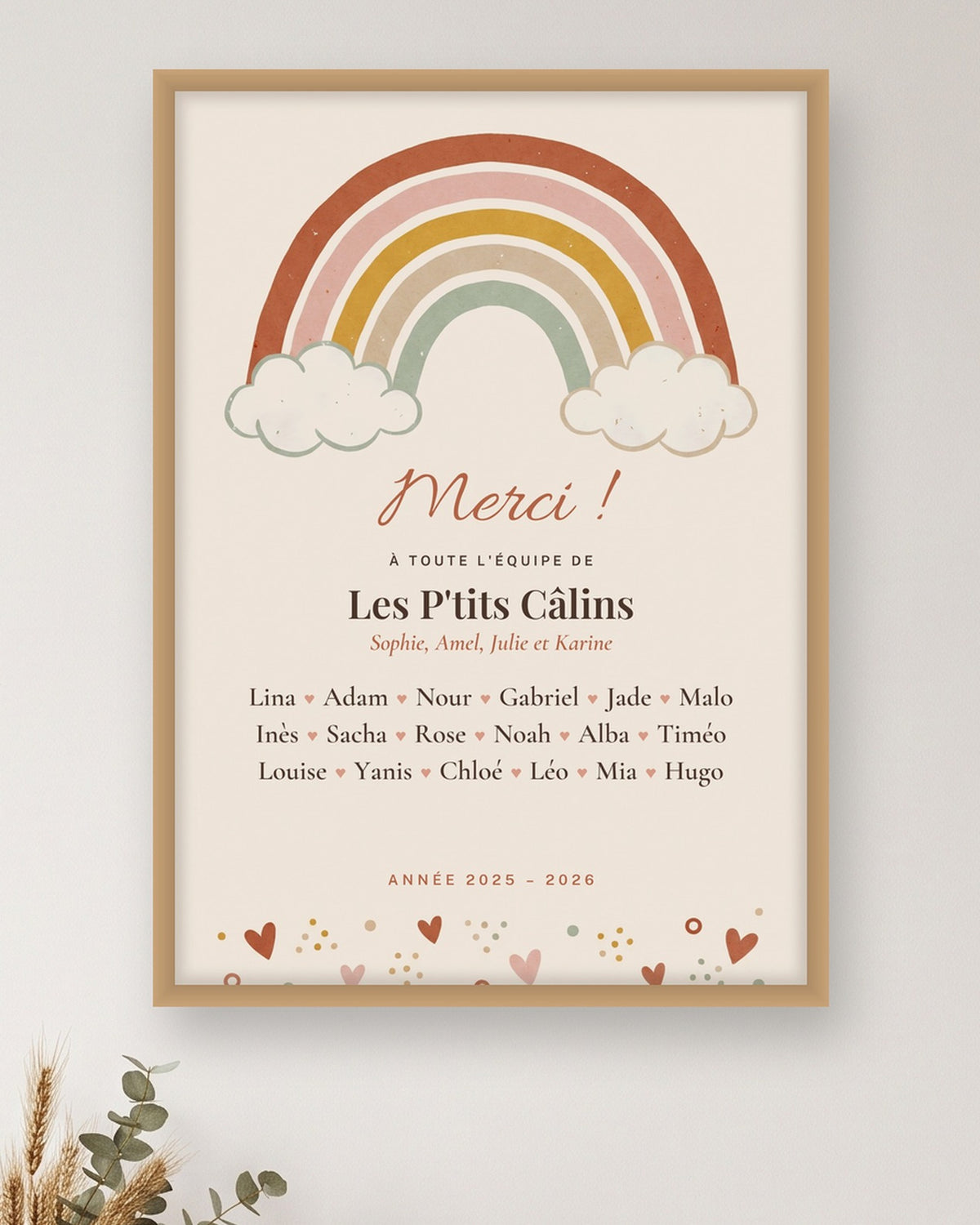 Affiche merci crèche arc-en-ciel personnalisée, crèche ou MAM : gros plan sur l’affiche encadrée
