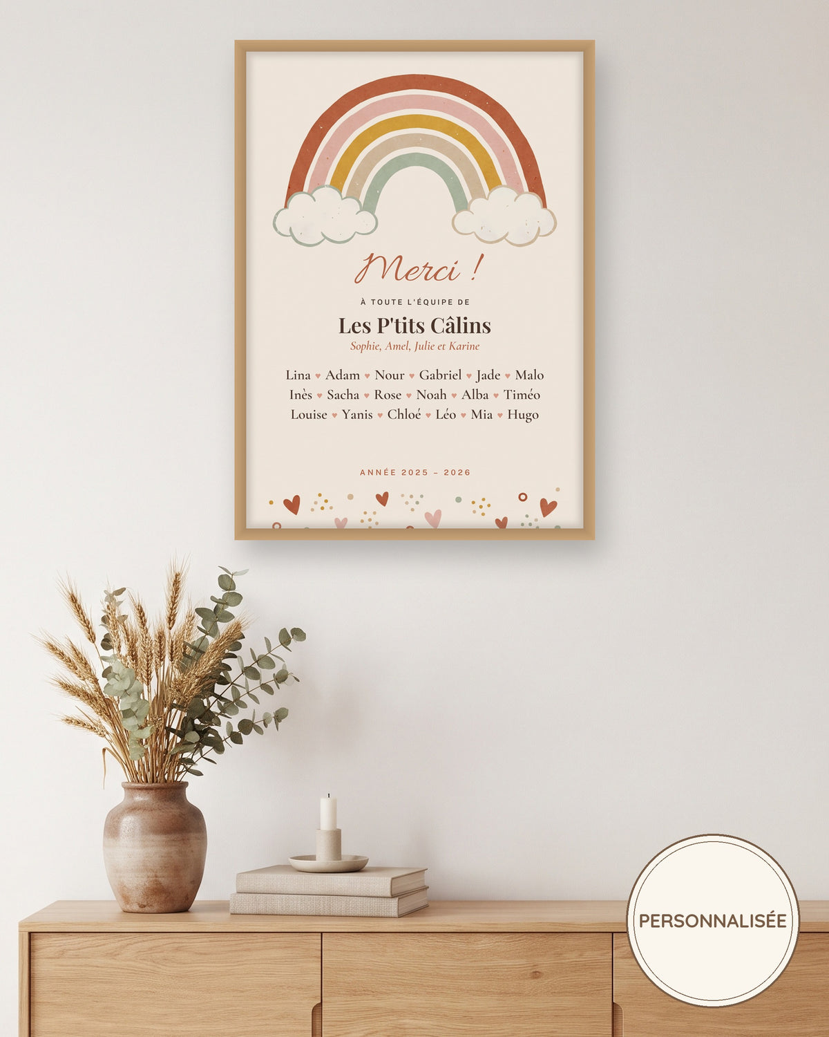Affiche merci crèche arc-en-ciel personnalisée, crèche ou MAM : l’affiche encadrée, exemple personnalisé