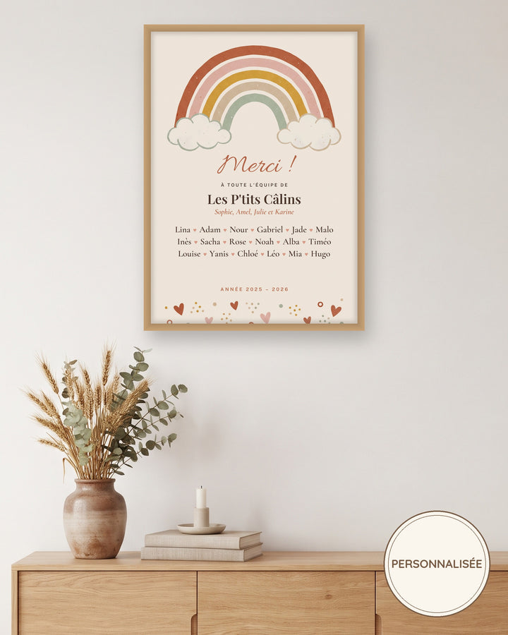 Affiche merci crèche arc-en-ciel personnalisée, crèche ou MAM : l’affiche encadrée, exemple personnalisé