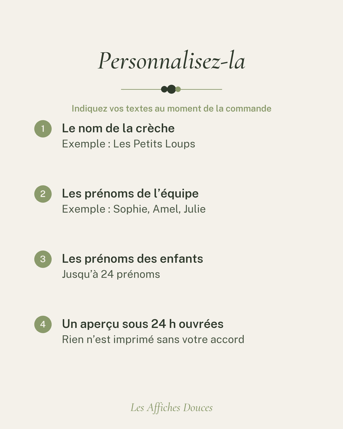 Ce que vous personnalisez : le nom de la crèche, les prénoms de l’équipe, ceux des enfants (24 au maximum) et l’année