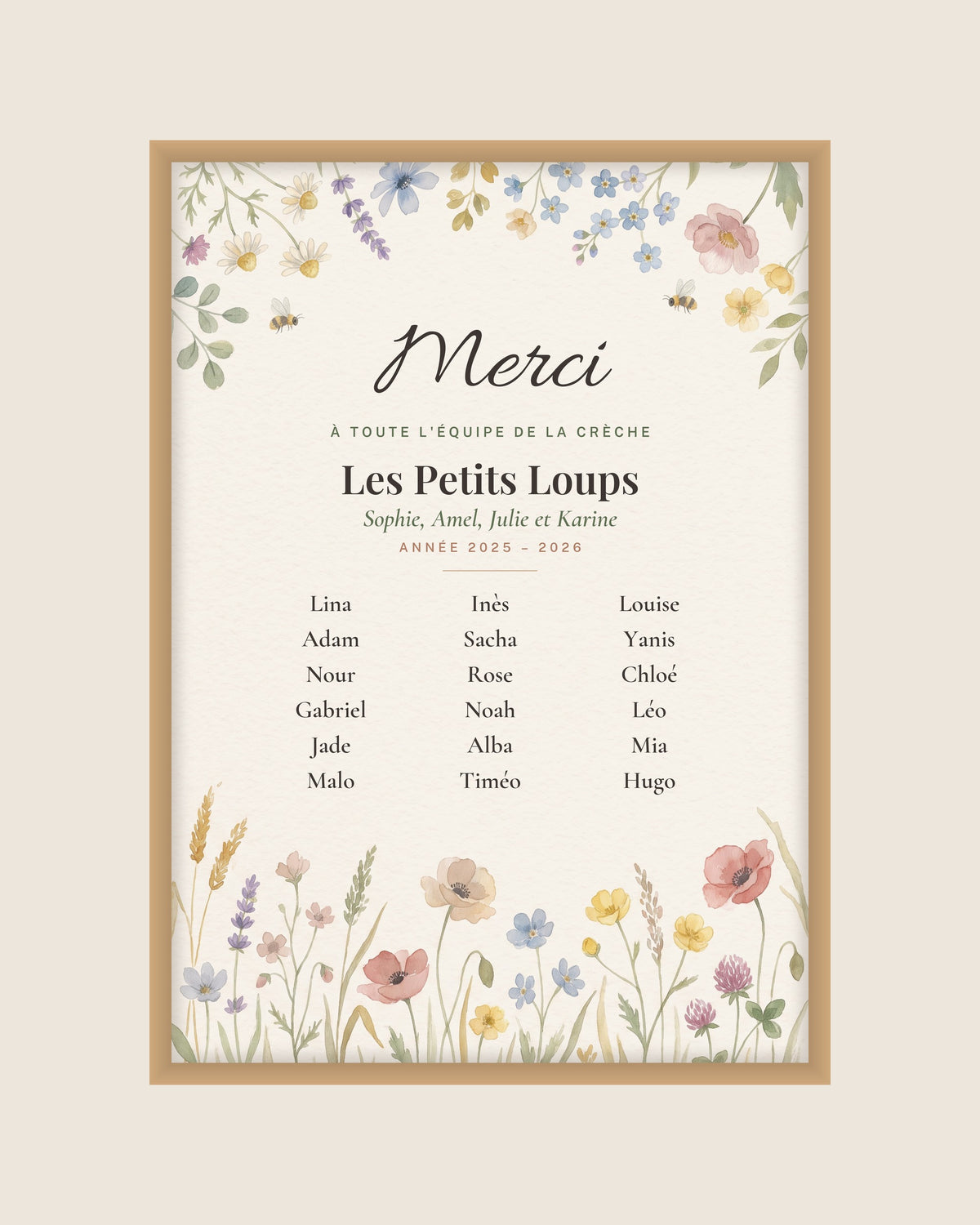 Affiche merci crèche personnalisée, fleurs des champs : l’affiche seule, exemple personnalisé