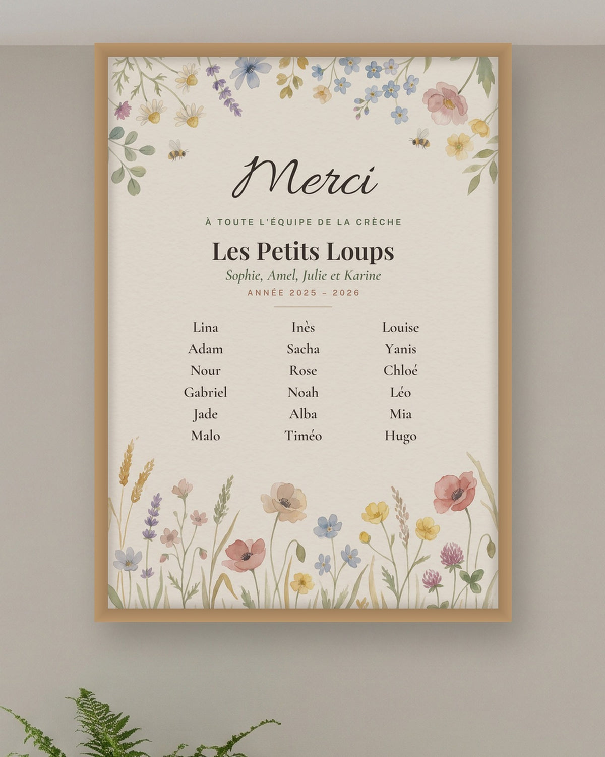 Affiche merci crèche personnalisée, fleurs des champs : gros plan sur l’affiche encadrée