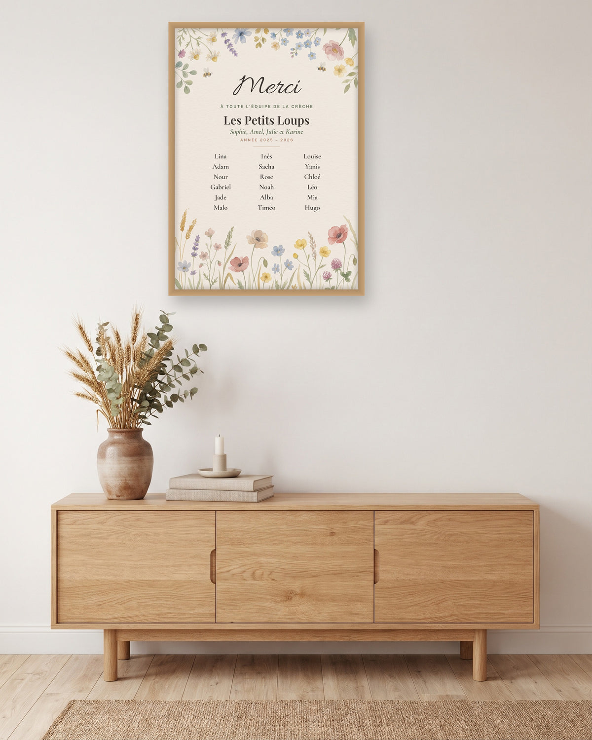 Affiche merci crèche personnalisée, fleurs des champs, autre exemple de mise en situation