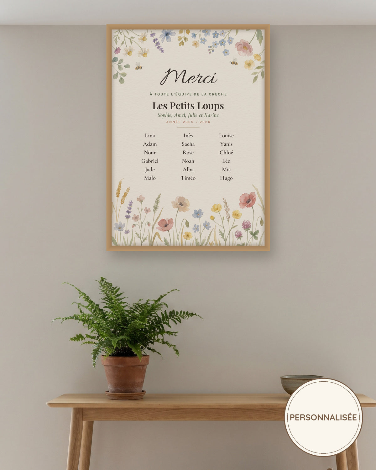Affiche merci crèche personnalisée, fleurs des champs : l’affiche encadrée, exemple personnalisé
