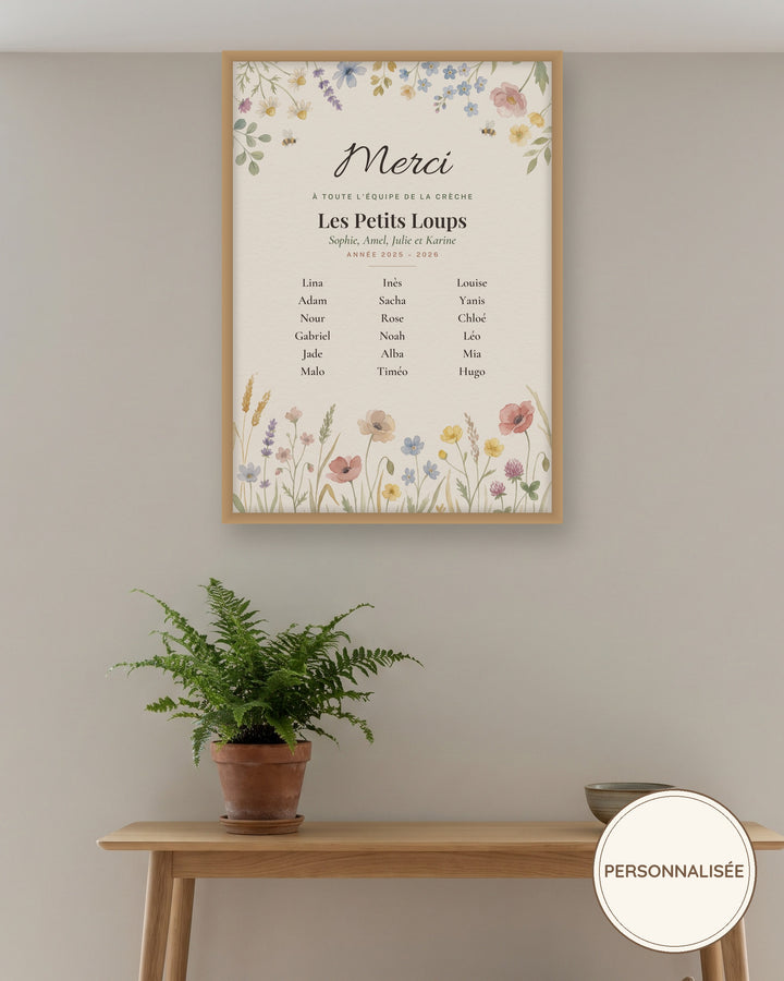 Affiche merci crèche personnalisée, fleurs des champs : l’affiche encadrée, exemple personnalisé