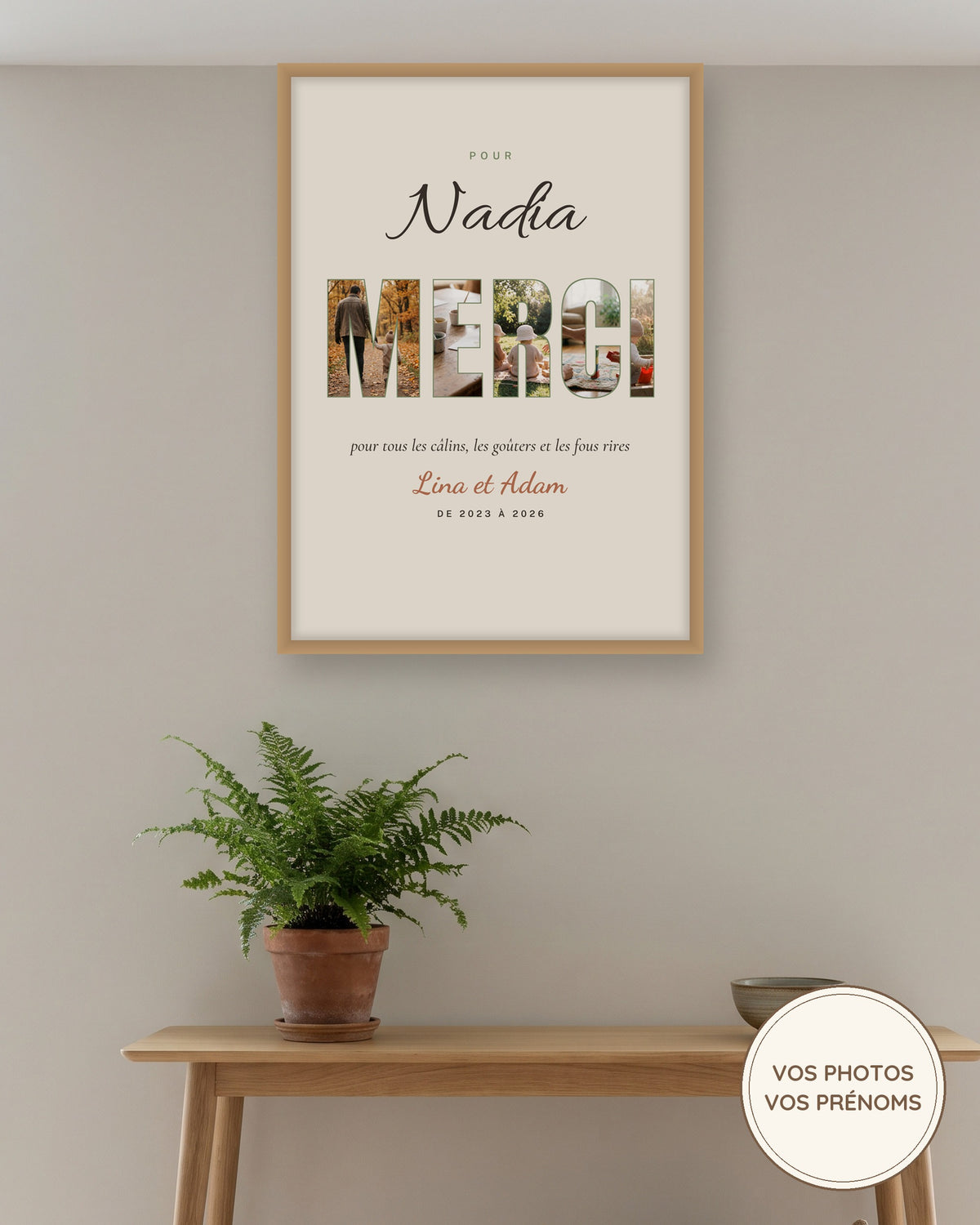 Affiche MERCI en lettres photo personnalisée, cadeau nounou ou crèche : l’affiche encadrée, exemple personnalisé
