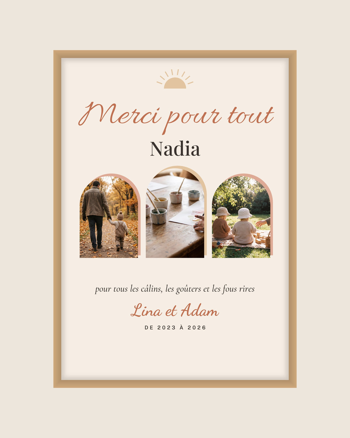 Affiche merci nounou bohème avec 3 photos personnalisée : l’affiche seule, exemple personnalisé