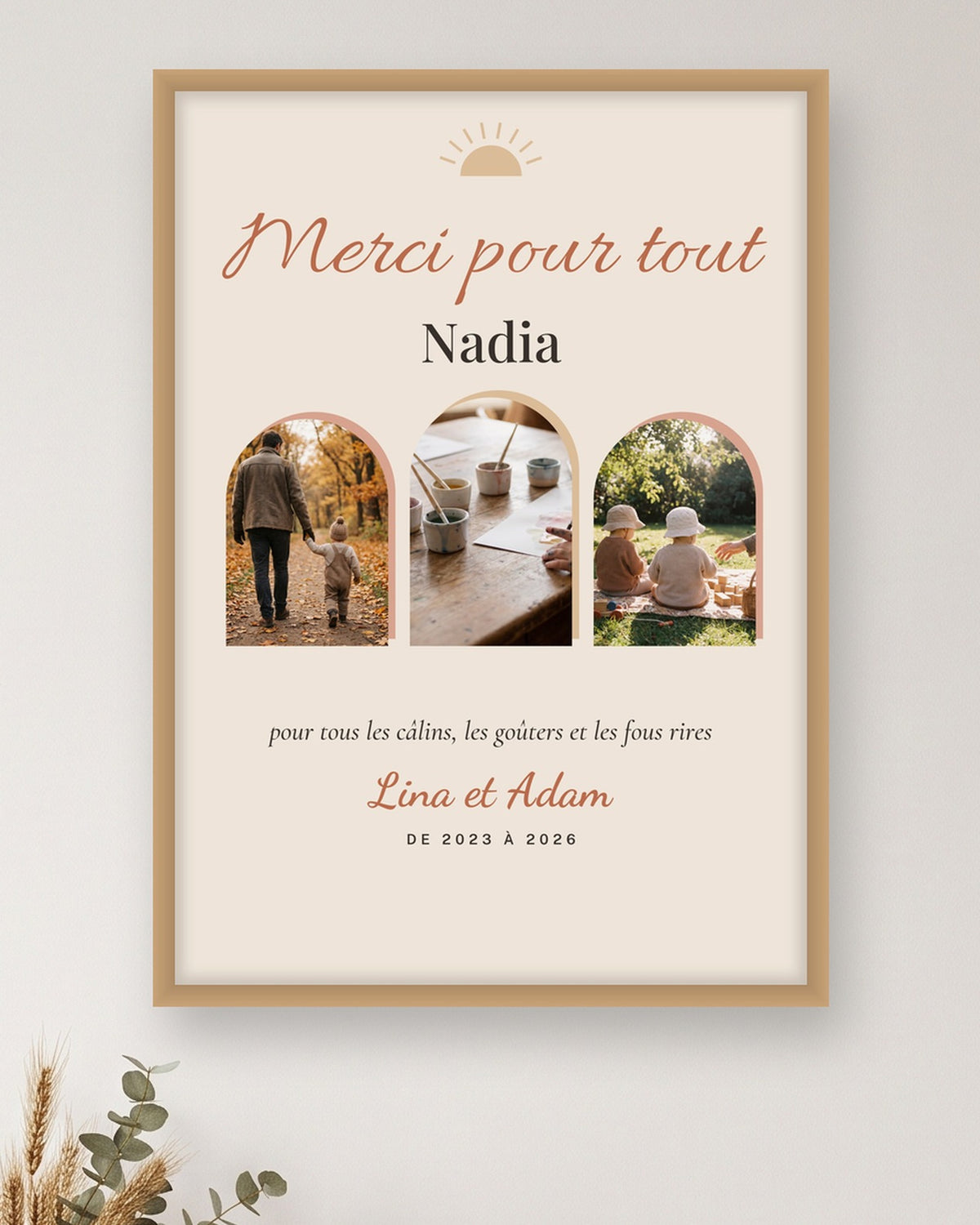 Affiche merci nounou bohème avec 3 photos personnalisée : gros plan sur l’affiche encadrée