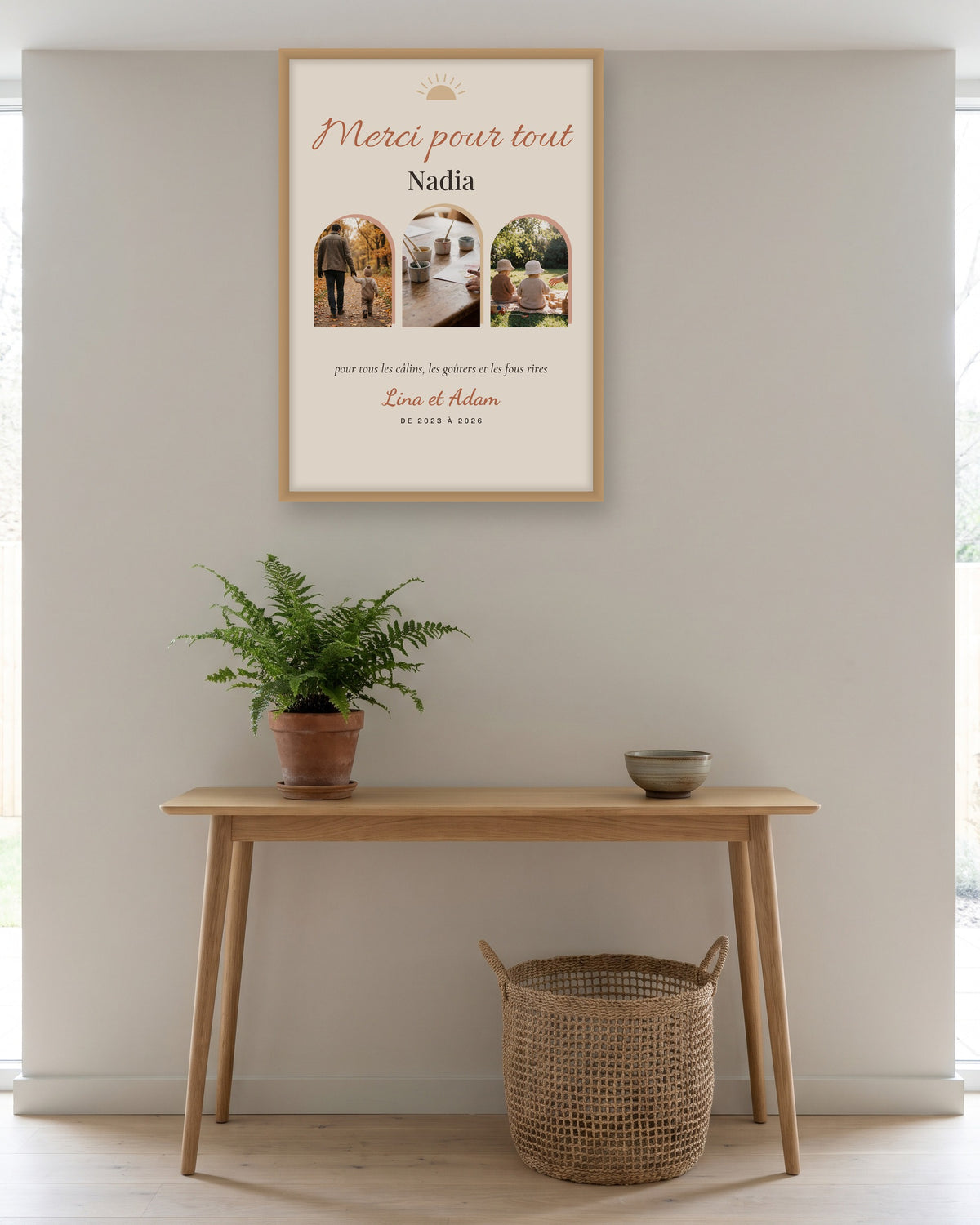 Affiche merci nounou bohème avec 3 photos personnalisée, autre exemple de mise en situation