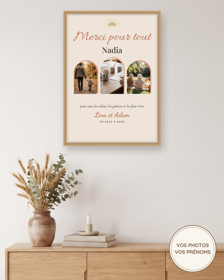 Affiche merci nounou bohème avec 3 photos personnalisée : l’affiche encadrée, exemple personnalisé