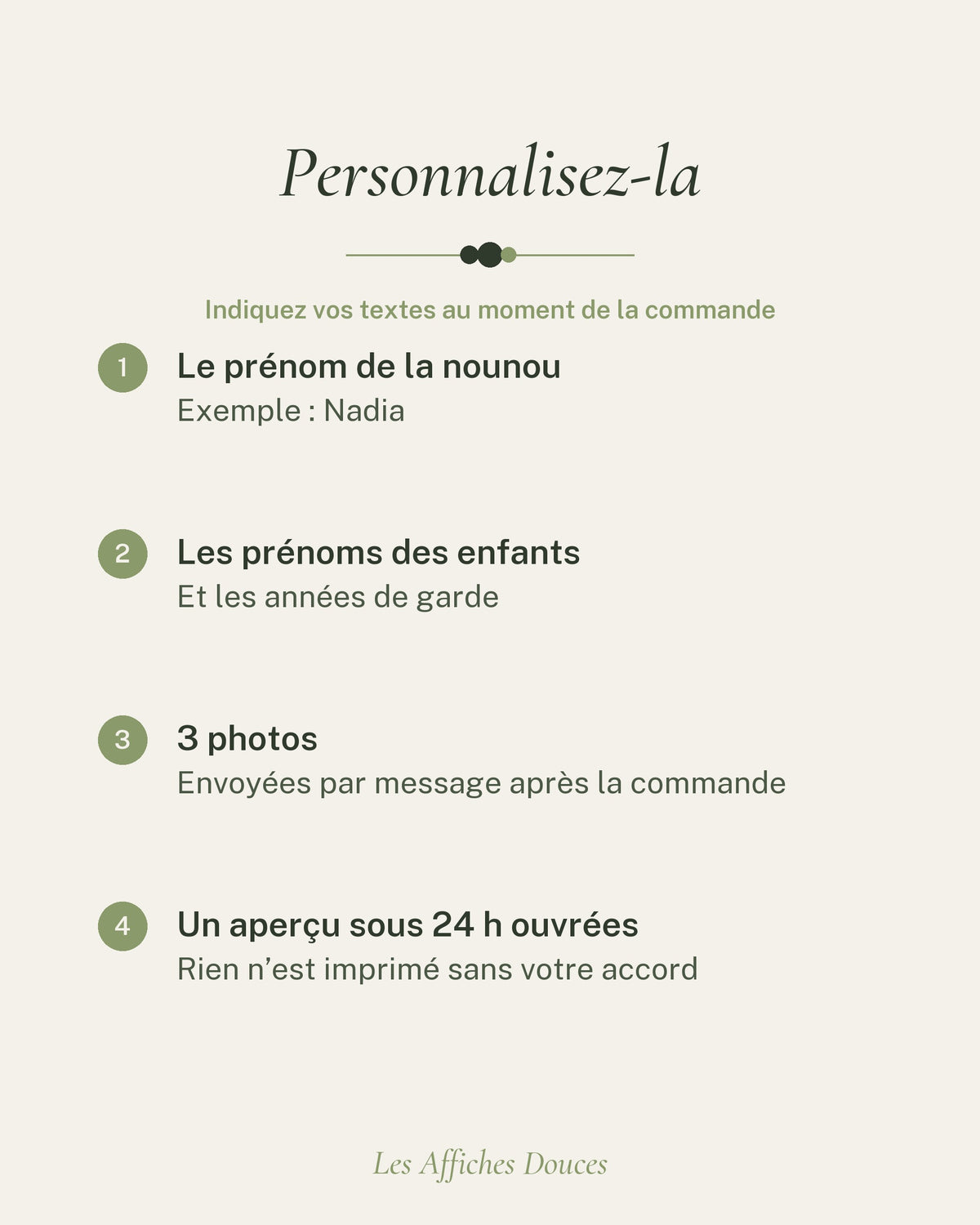 Ce que vous personnalisez : le prénom de la nounou, les prénoms des enfants et les années de garde, puis vos 3 photos envoyées après la commande