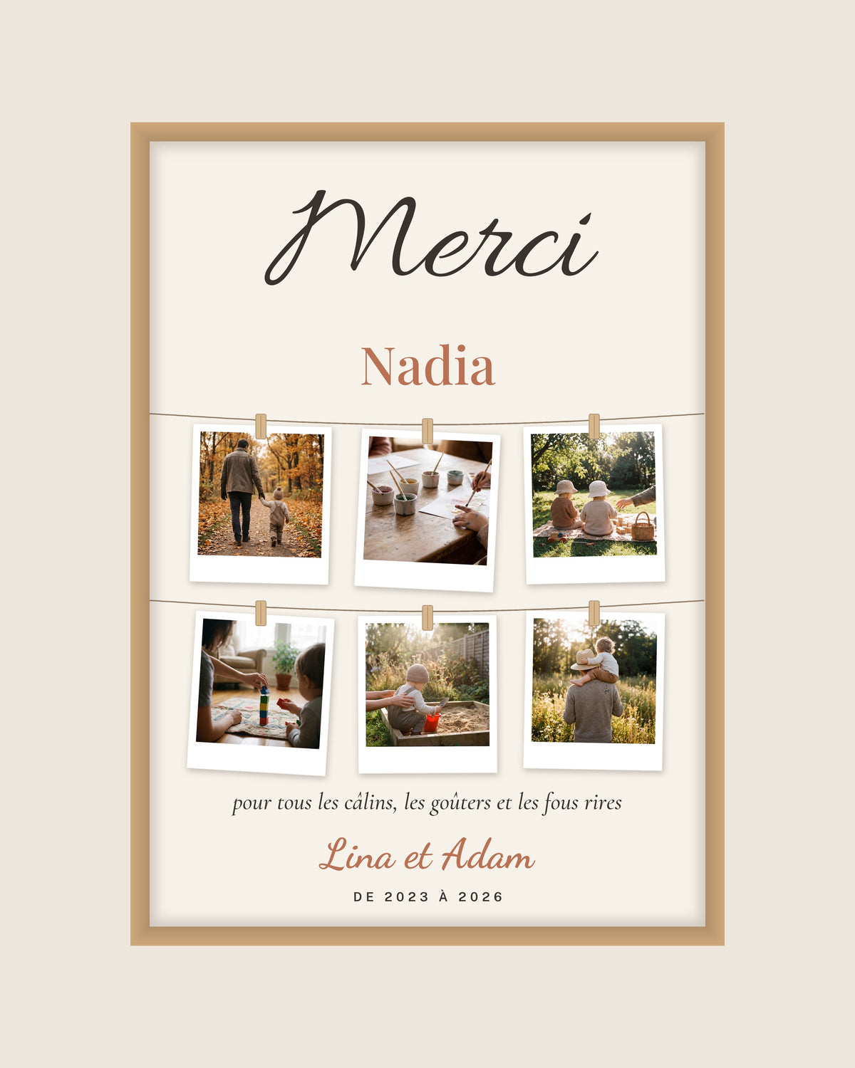 Affiche merci nounou avec photos personnalisée, 6 polaroïds : l’affiche seule, exemple personnalisé