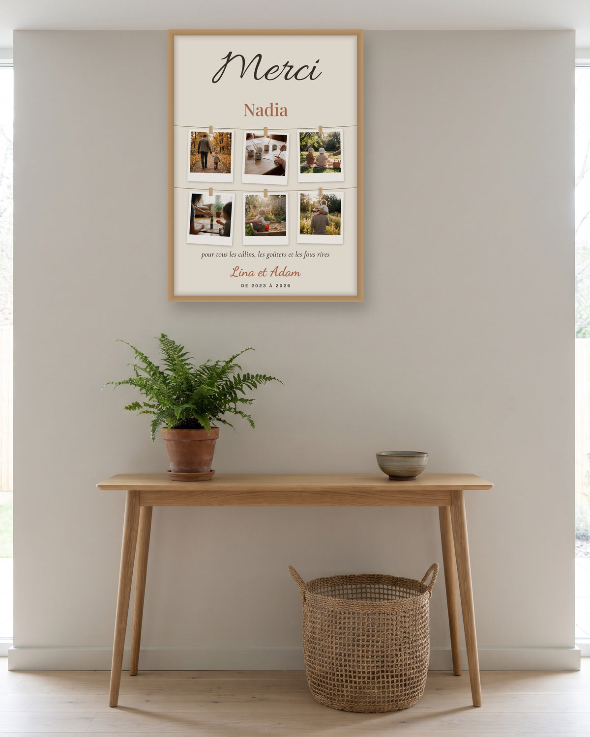 Affiche merci nounou avec photos personnalisée, 6 polaroïds, autre exemple de mise en situation
