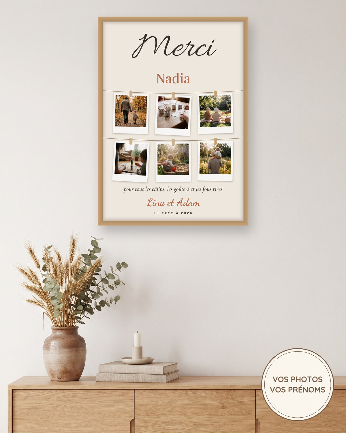Affiche merci nounou avec photos personnalisée, 6 polaroïds : l’affiche encadrée, exemple personnalisé
