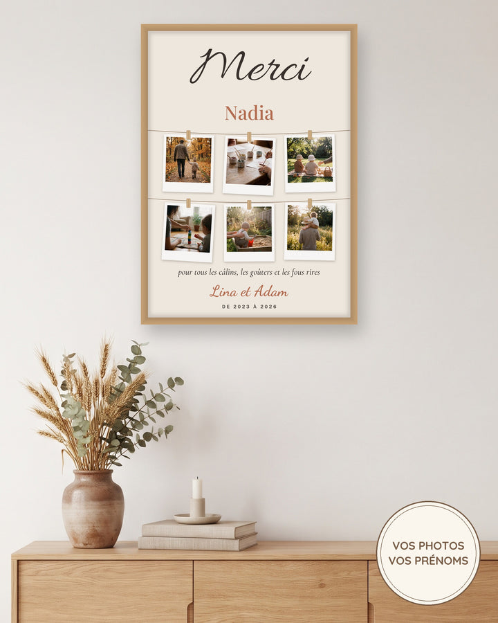 Affiche merci nounou avec photos personnalisée, 6 polaroïds : l’affiche encadrée, exemple personnalisé