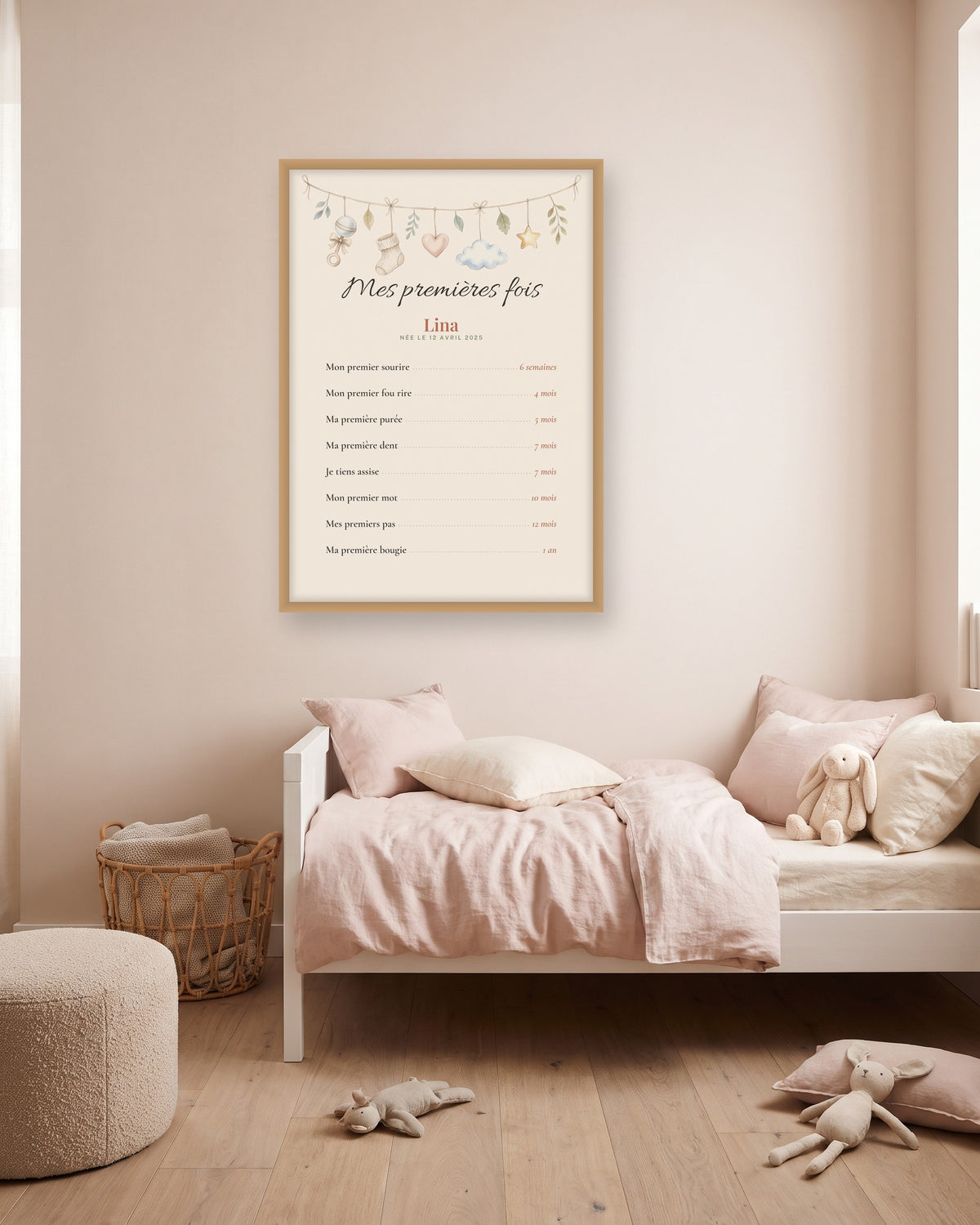 Affiche mes premières fois bébé personnalisée, prénom et dates, autre exemple de mise en situation