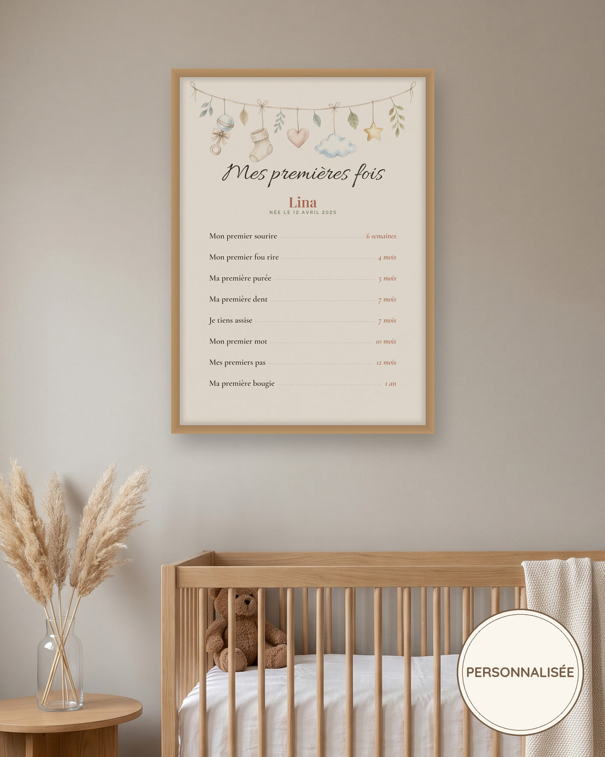Affiche mes premières fois bébé personnalisée, prénom et dates : l’affiche encadrée, exemple personnalisé