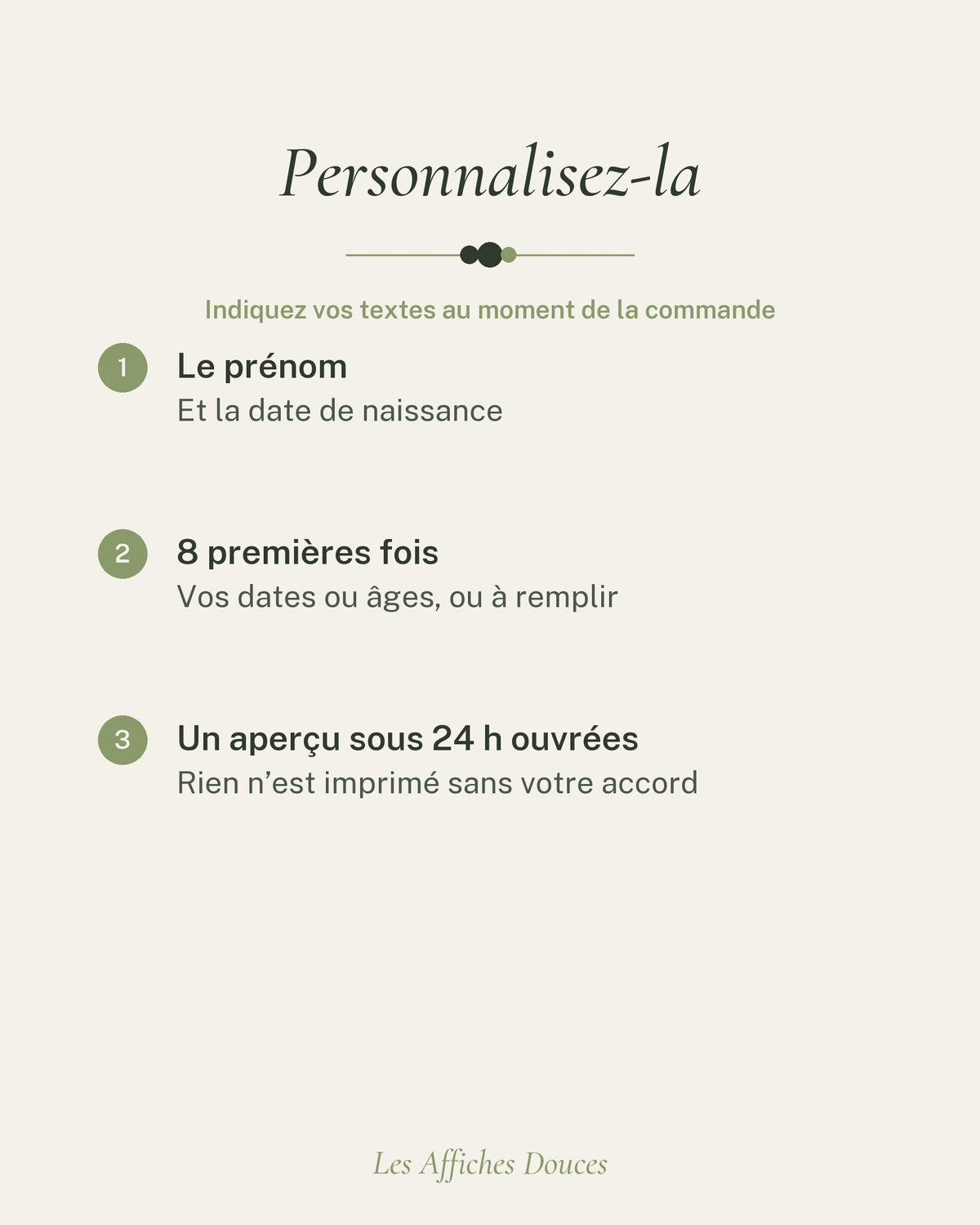Ce que vous personnalisez : le prénom, la date de naissance, né ou née, puis vos 8 dates ou âges (ou « à remplir »)