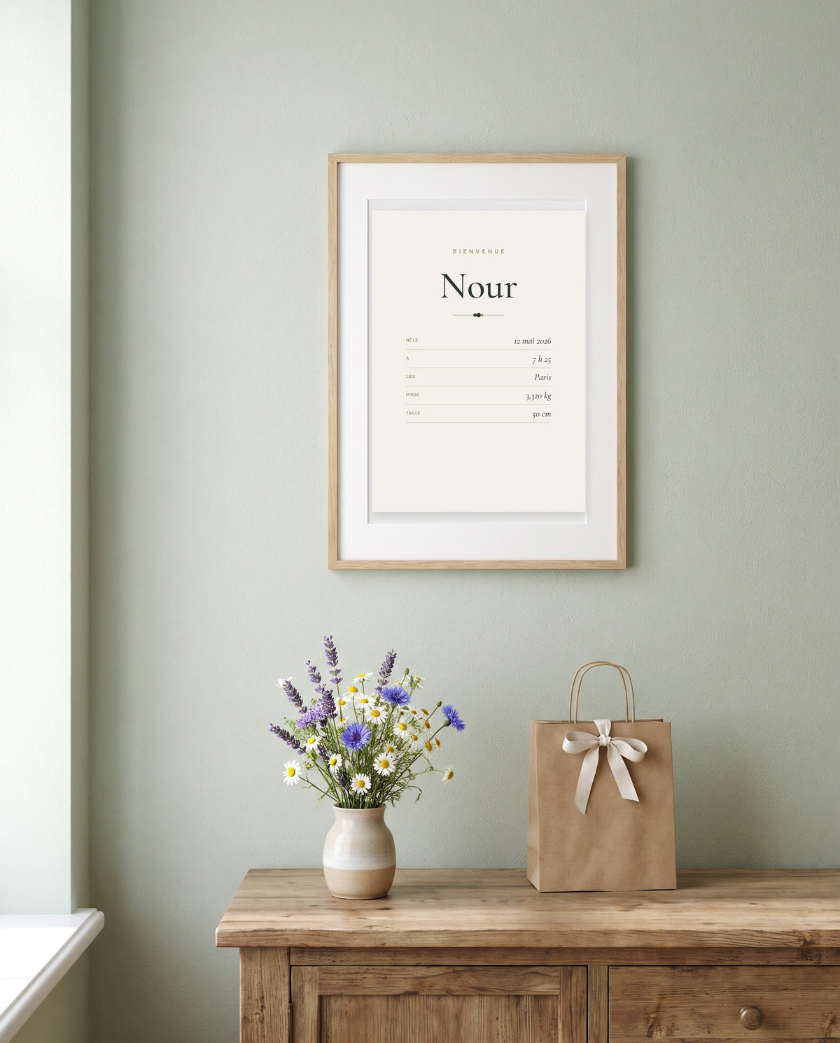 Affiche naissance bébé carte d’identité encadrée prête à offrir