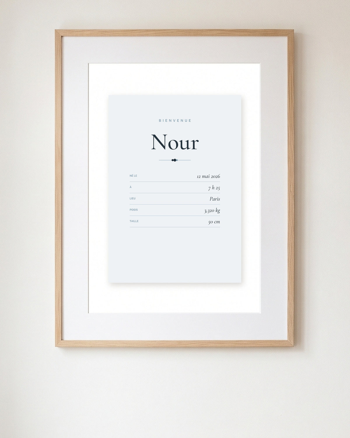 Affiche naissance bébé carte d’identité encadrée dans une chambre de bébé, exemple personnalisé