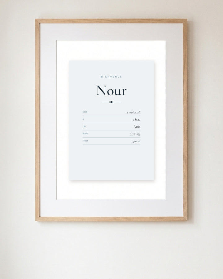 Affiche naissance bébé carte d’identité encadrée dans une chambre de bébé, exemple personnalisé