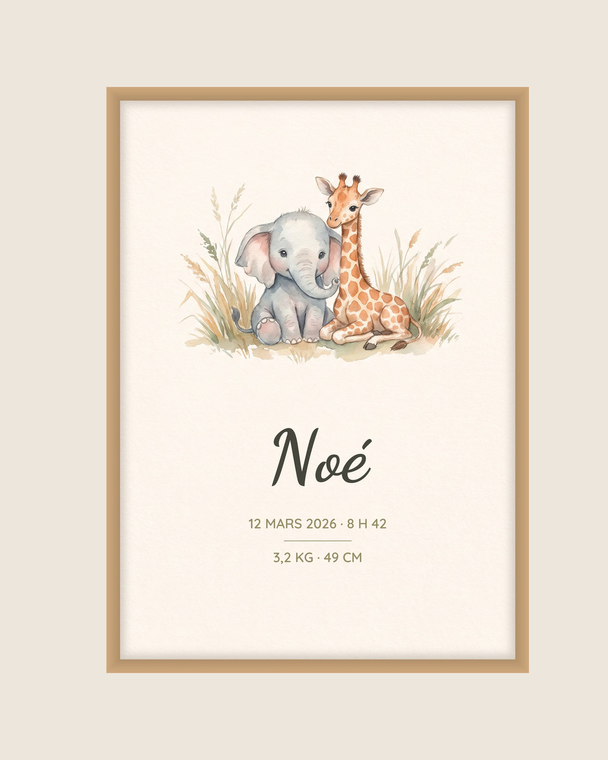 Affiche naissance garçon éléphant et girafe : l’affiche seule, exemple de personnalisation