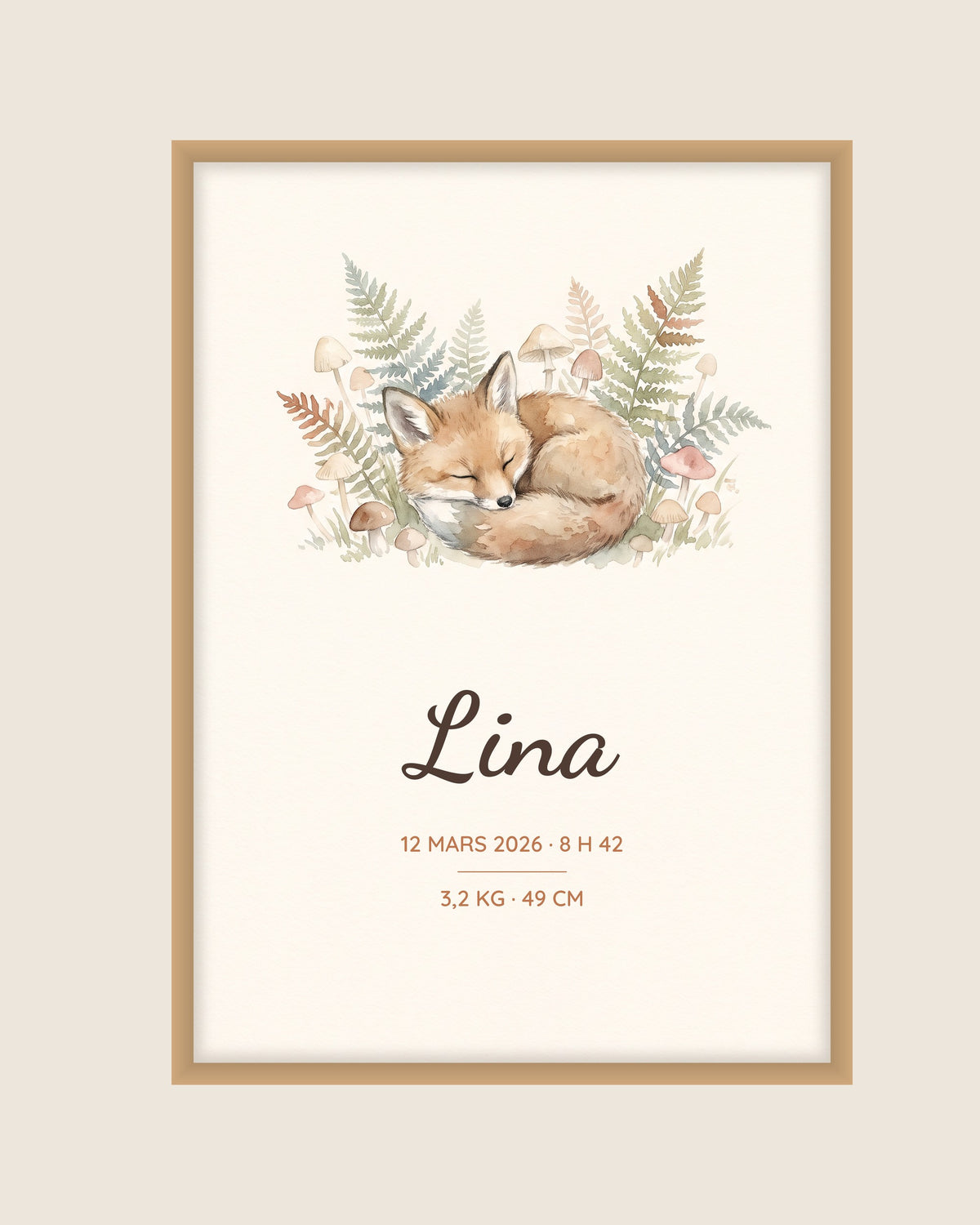 Affiche naissance personnalisée renard aquarelle : l’affiche seule, exemple de personnalisation