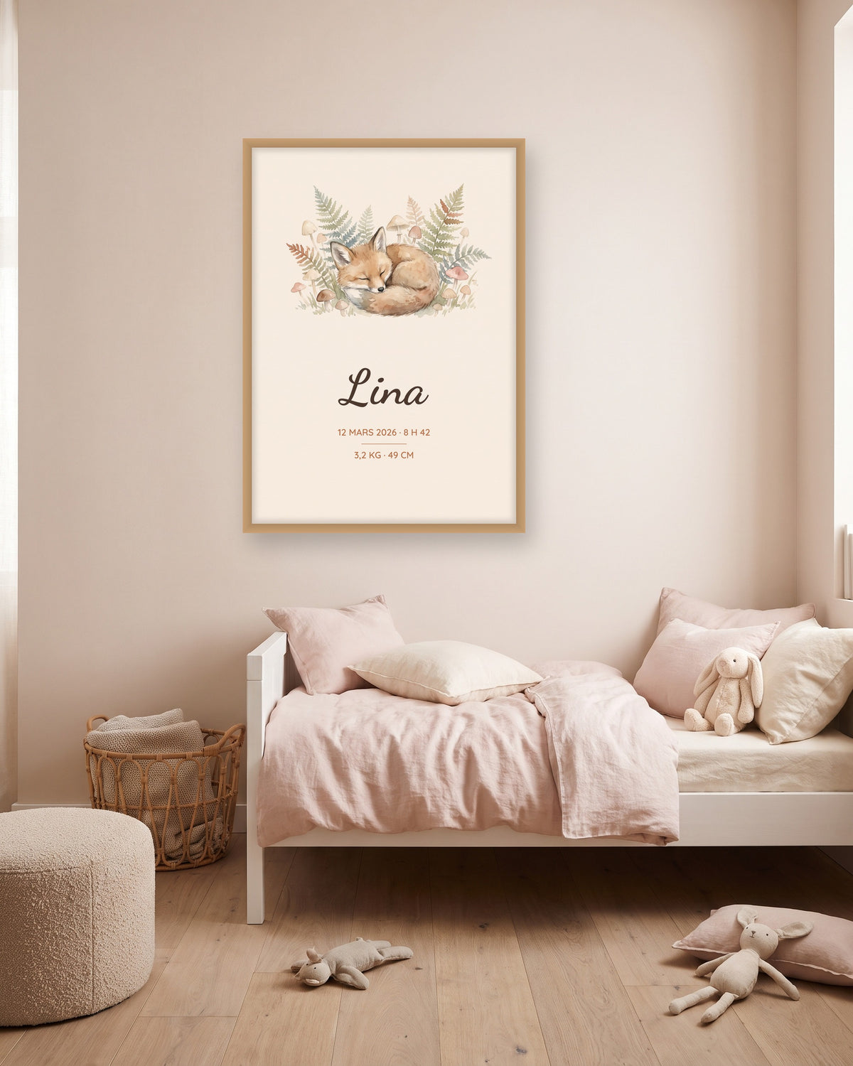Affiche naissance personnalisée renard aquarelle encadrée dans une chambre d’enfant