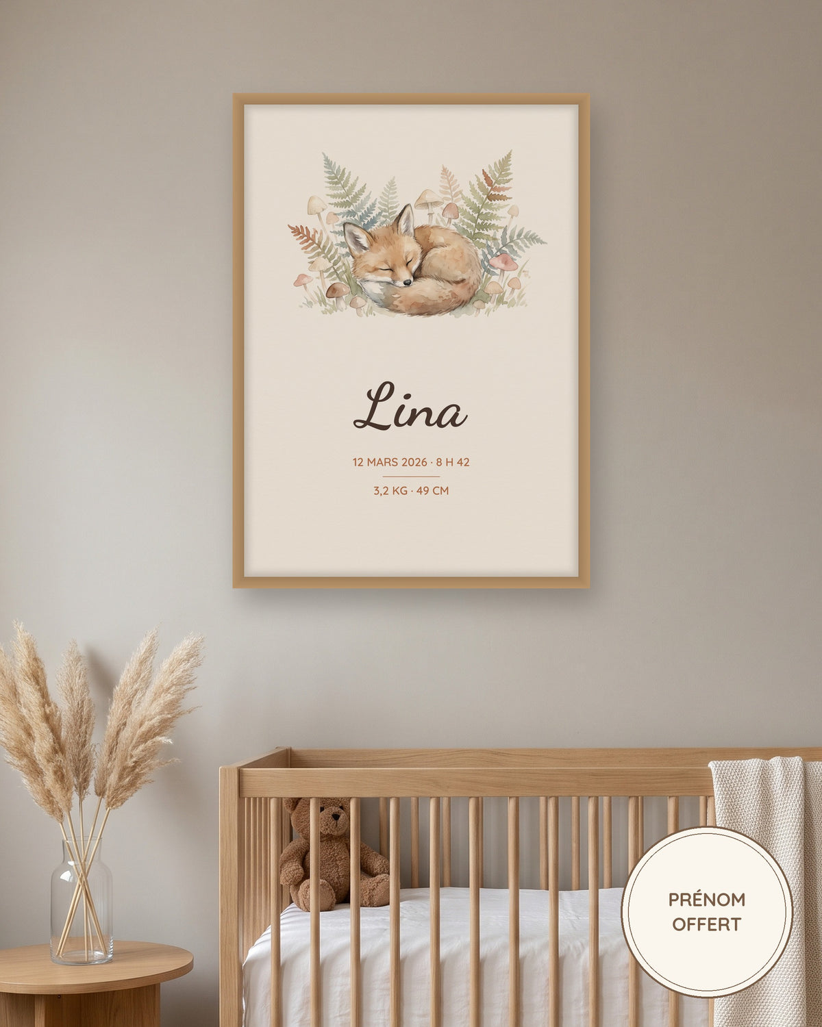 Affiche naissance personnalisée renard aquarelle encadrée dans une chambre de bébé, exemple personnalisé