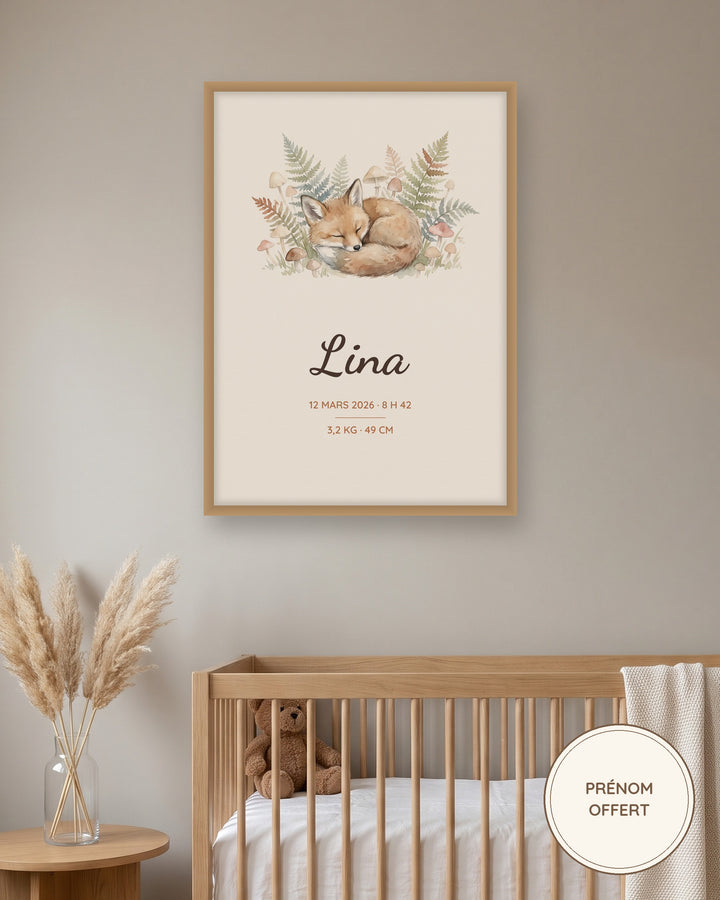 Affiche naissance personnalisée renard aquarelle encadrée dans une chambre de bébé, exemple personnalisé
