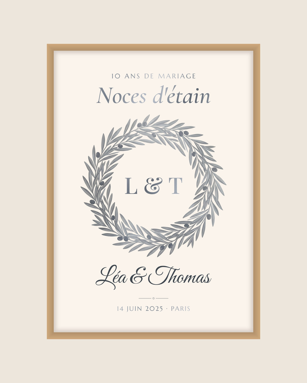 Affiche noces d’étain personnalisée, 10 ans de mariage : l’affiche seule, exemple personnalisé