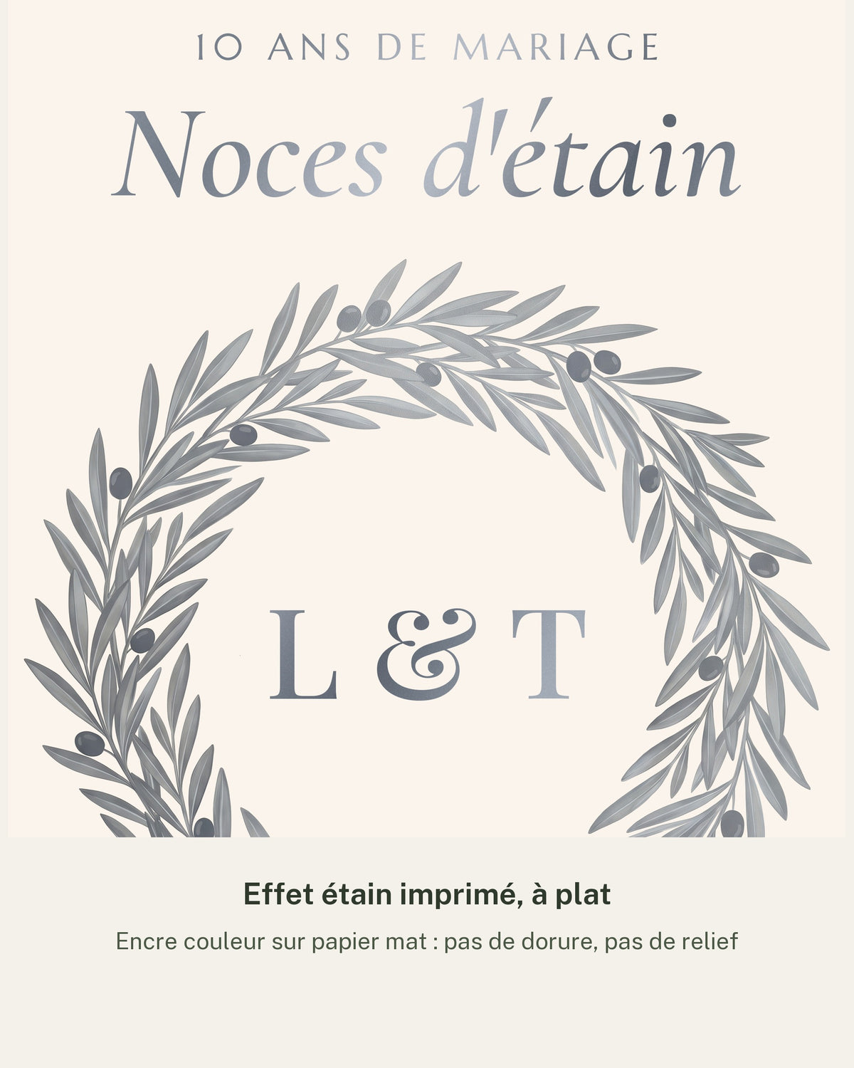 Affiche noces d’étain personnalisée, 10 ans de mariage : détail de l’illustration et des prénoms, impression mate
