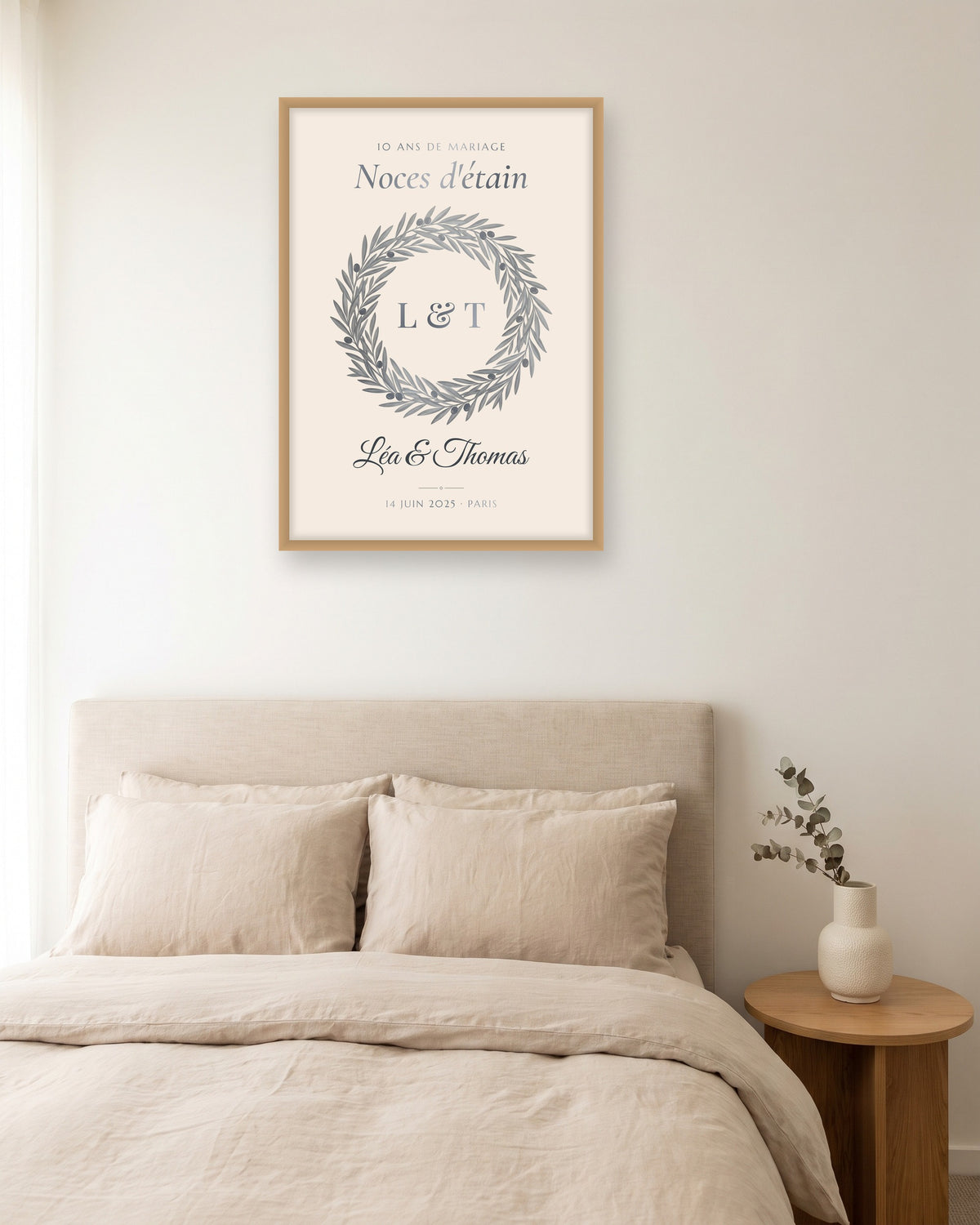 Affiche noces d’étain personnalisée, 10 ans de mariage, autre exemple de mise en situation