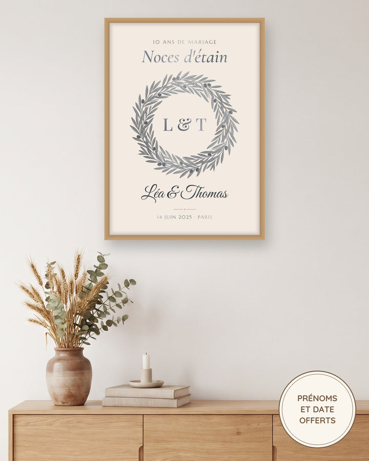 Affiche noces d’étain personnalisée, 10 ans de mariage : l’affiche encadrée, exemple personnalisé