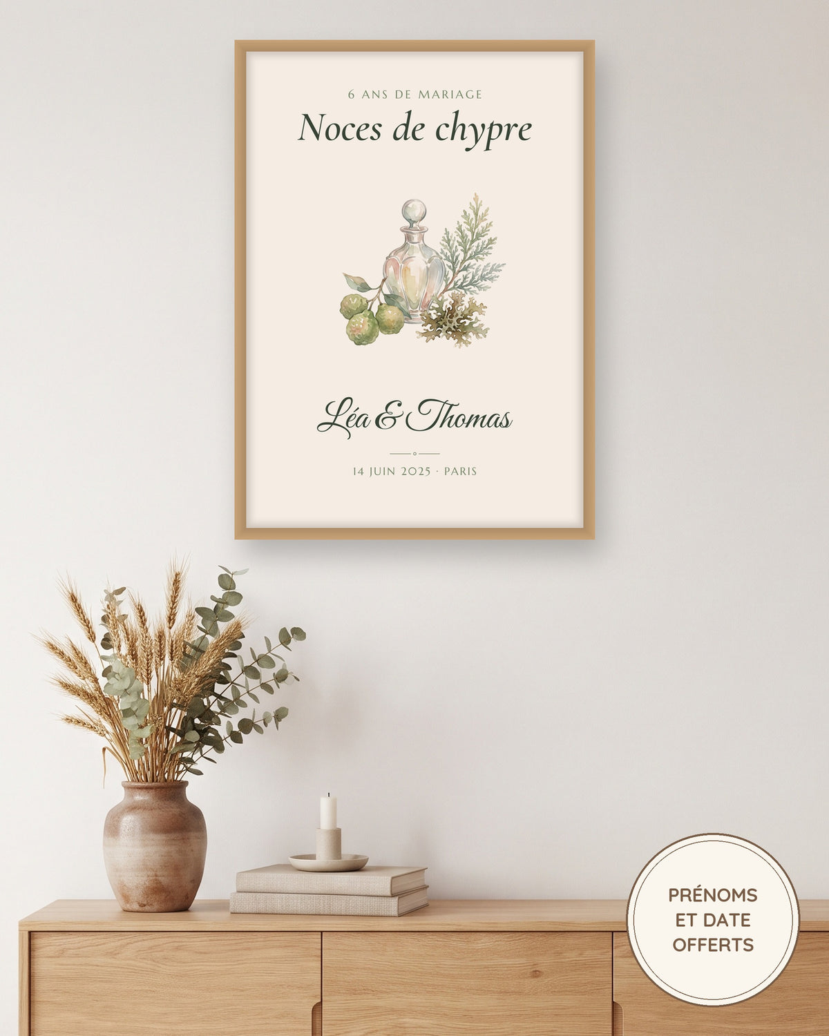 Affiche noces de chypre personnalisée, 6 ans de mariage : l’affiche encadrée, exemple personnalisé
