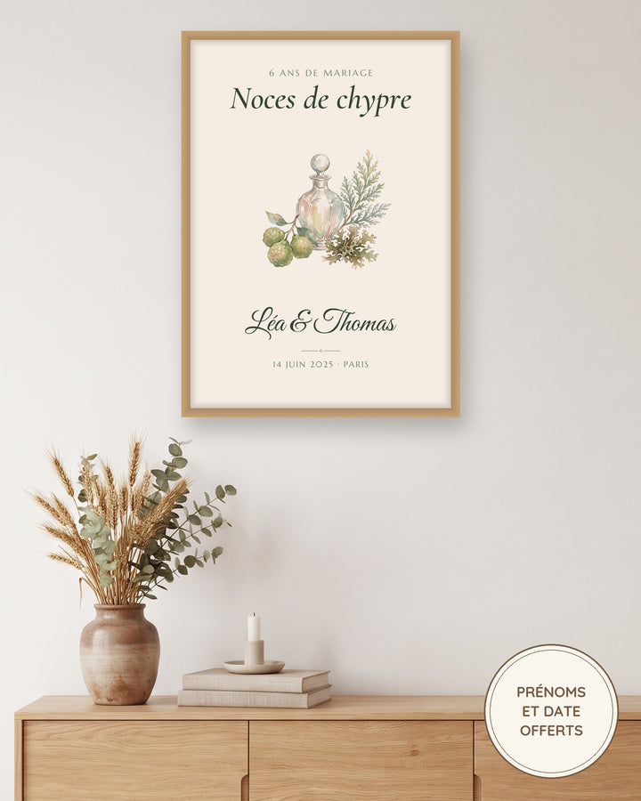Affiche noces de chypre personnalisée, 6 ans de mariage : l’affiche encadrée, exemple personnalisé