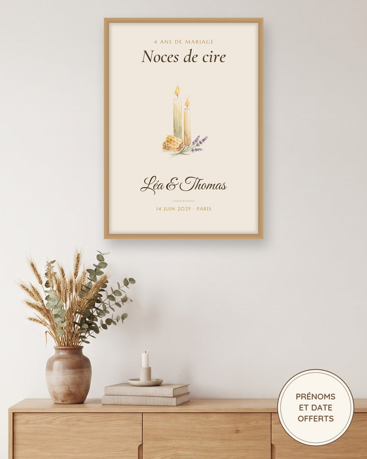 Affiche noces de cire personnalisée, 4 ans de mariage : l’affiche encadrée, exemple personnalisé