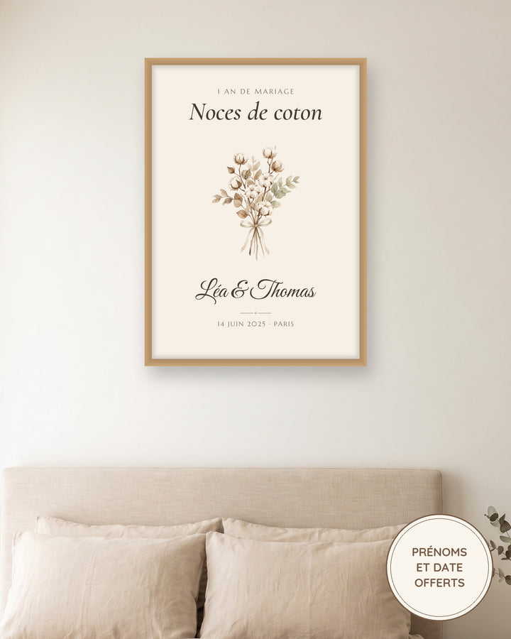 Affiche noces de coton personnalisée, 1 an de mariage : l’affiche encadrée, exemple personnalisé