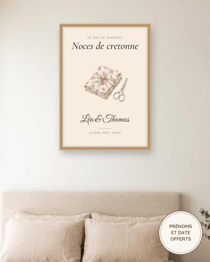 Affiche noces de cretonne personnalisée, 19 ans de mariage : l’affiche encadrée, exemple personnalisé