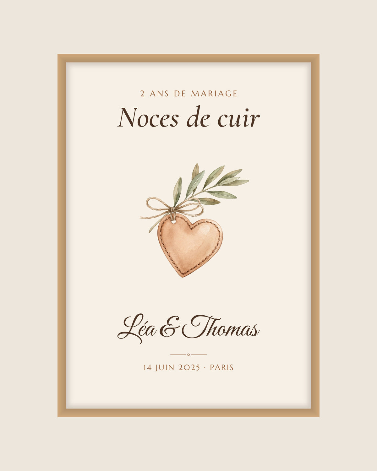 Affiche noces de cuir personnalisée, 2 ans de mariage : l’affiche avec le cœur en cuir cousu, les deux prénoms et la date