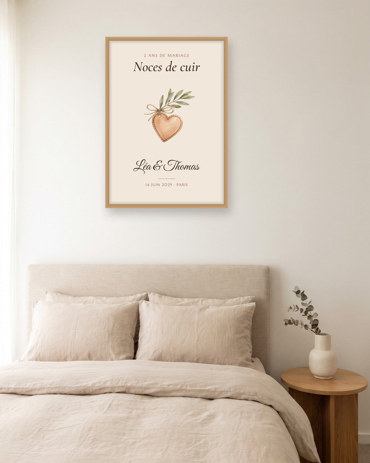 Affiche noces de cuir personnalisée, 2 ans de mariage, autre exemple de mise en situation