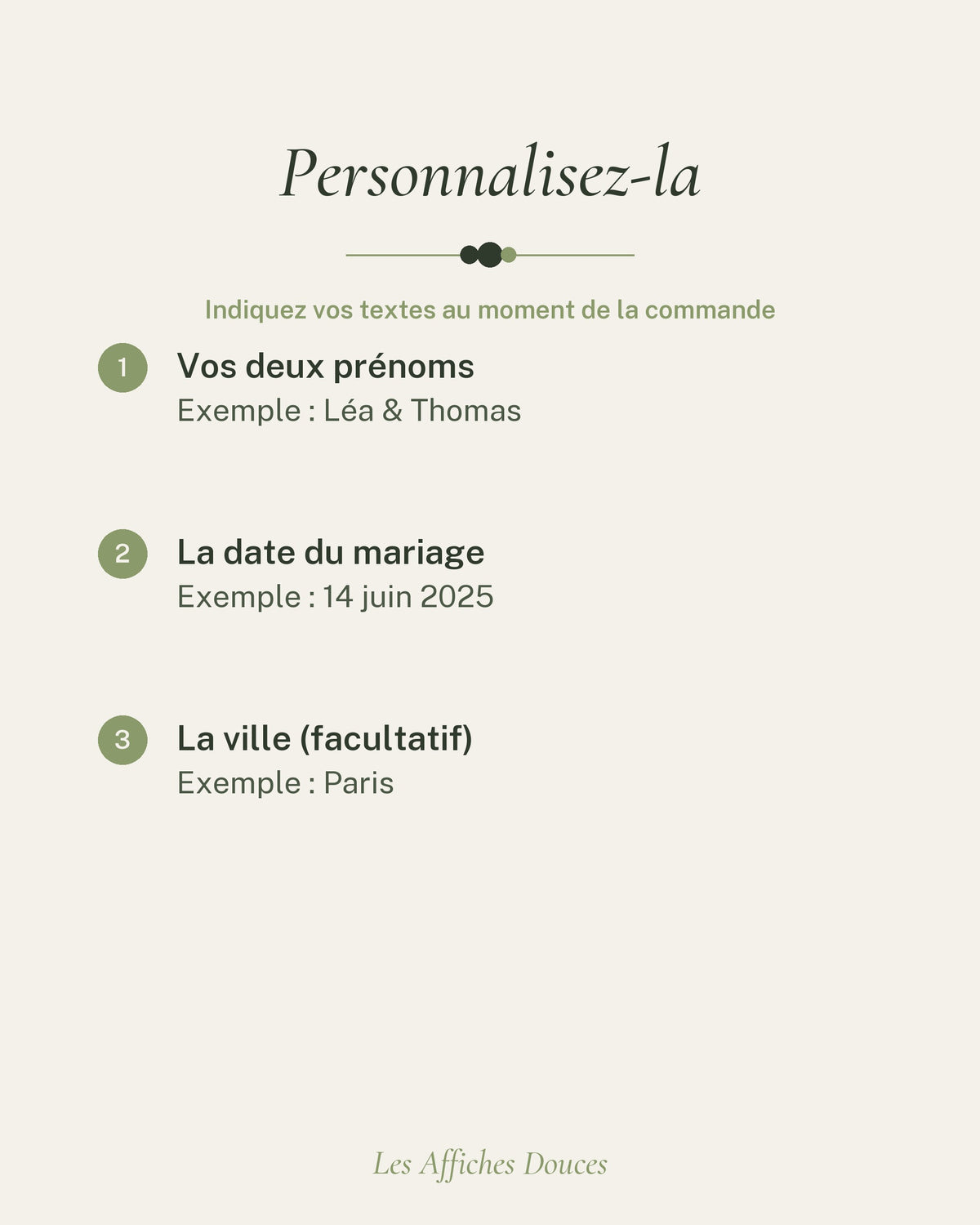 Ce que vous personnalisez : vos deux prénoms, la date du mariage et la ville (facultative)