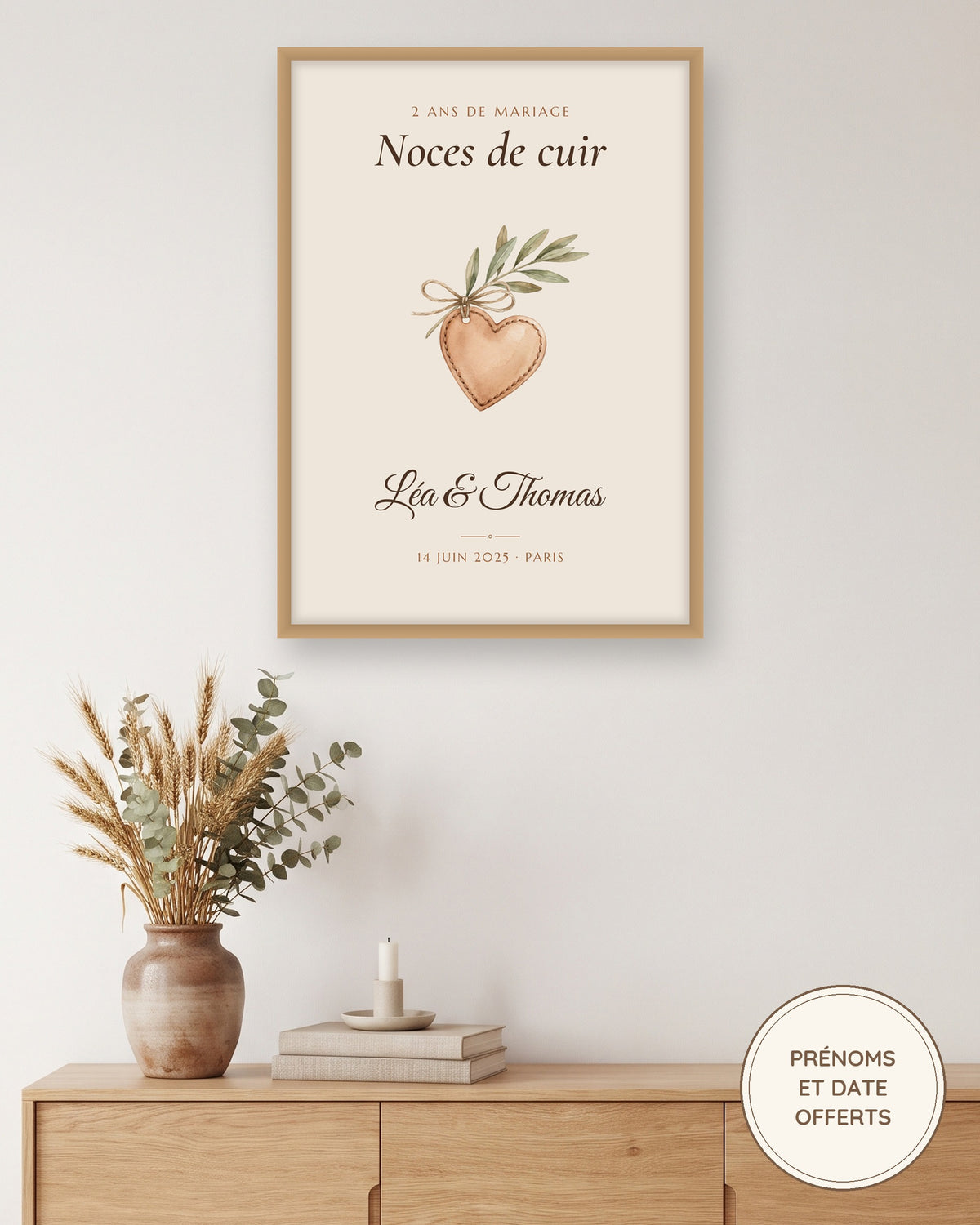 Affiche noces de cuir personnalisée, 2 ans de mariage : l’affiche encadrée, exemple personnalisé