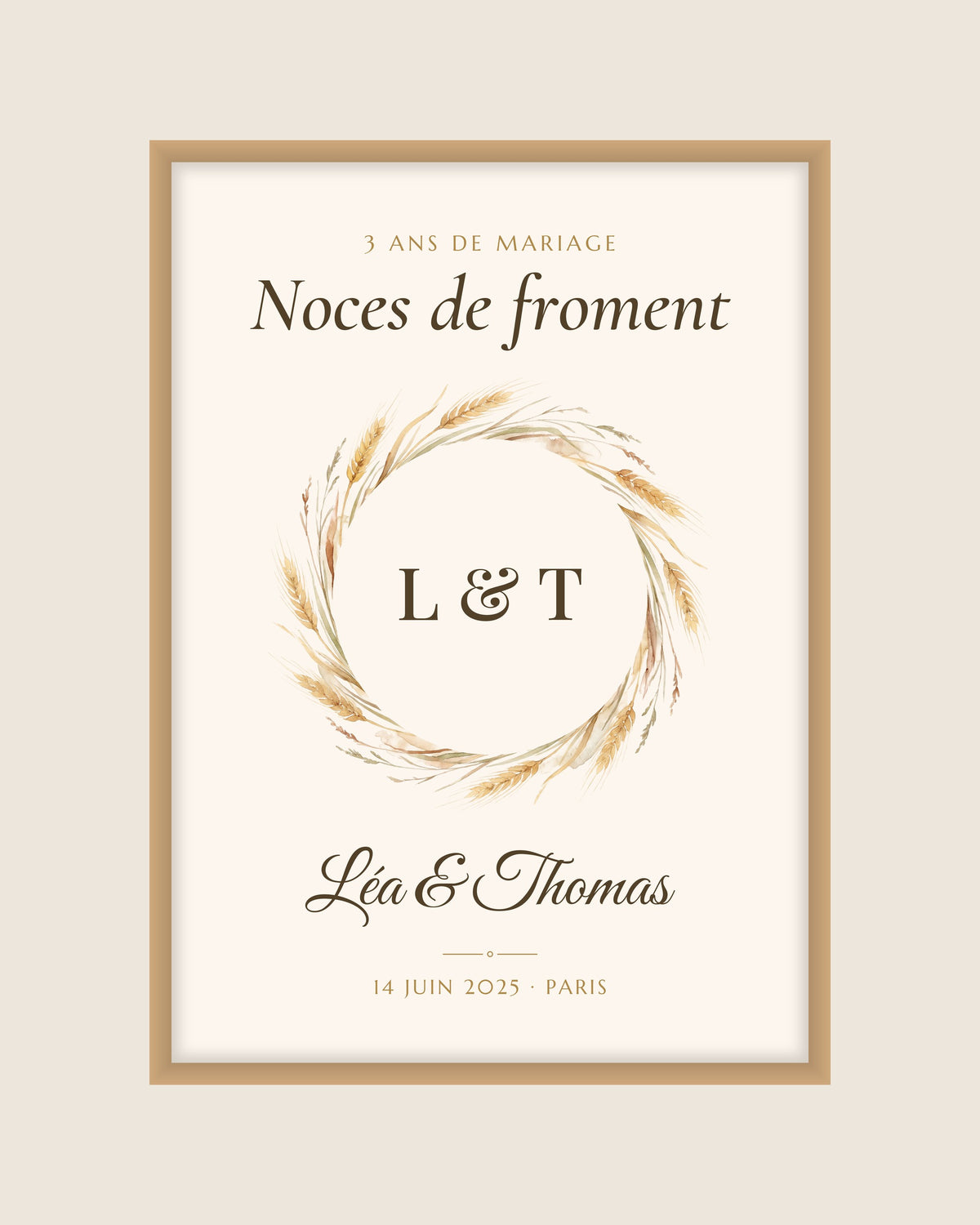 Affiche noces de froment personnalisée, 3 ans de mariage : l’affiche seule, exemple personnalisé