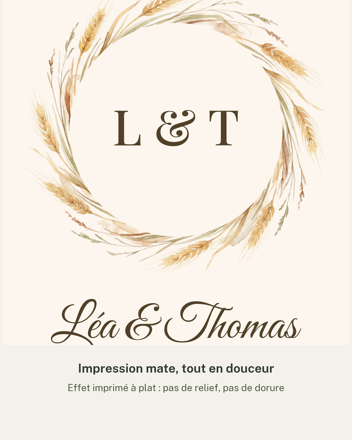 Affiche noces de froment personnalisée, 3 ans de mariage : détail de l’illustration et des prénoms, impression mate