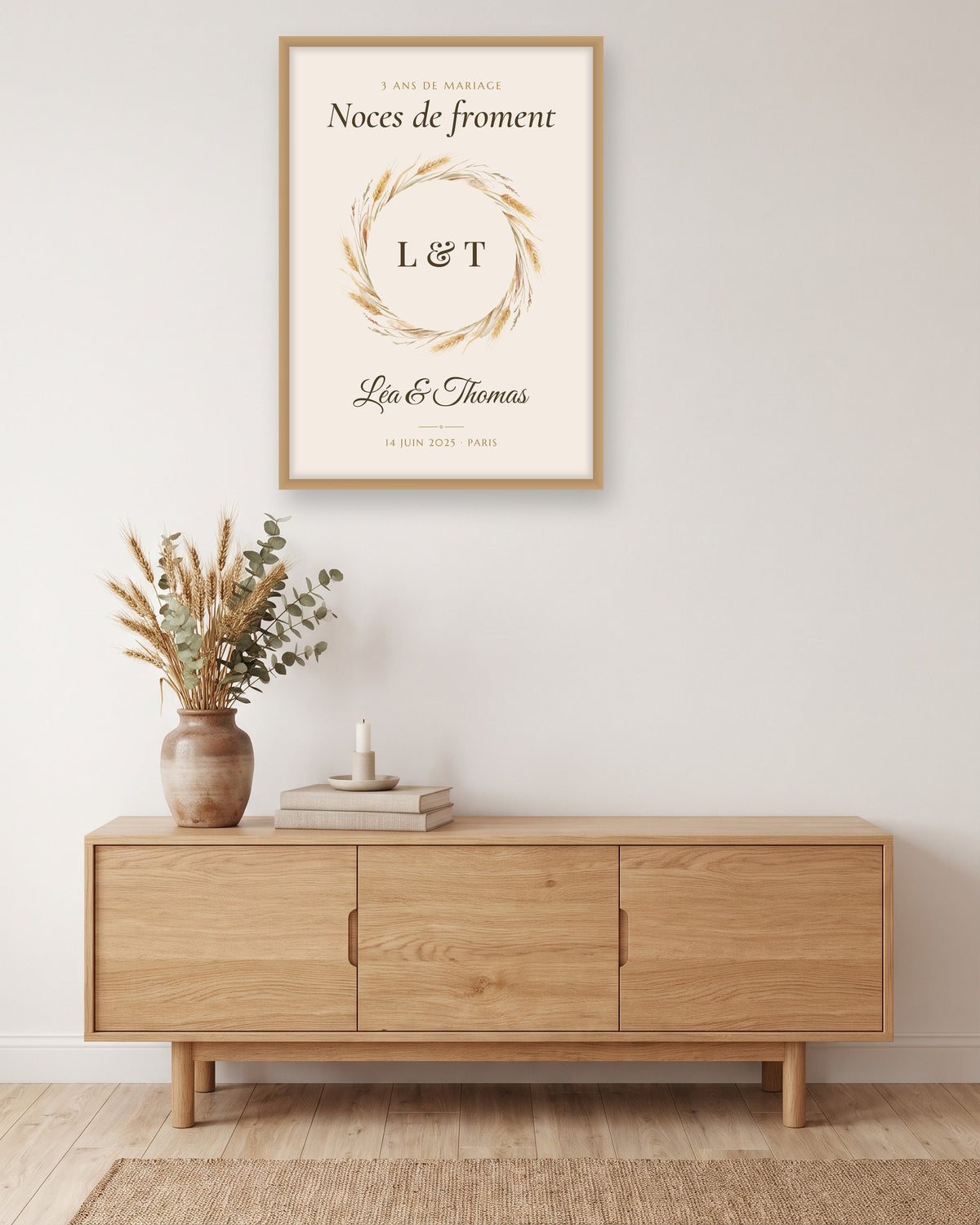 Affiche noces de froment personnalisée, 3 ans de mariage, autre exemple de mise en situation
