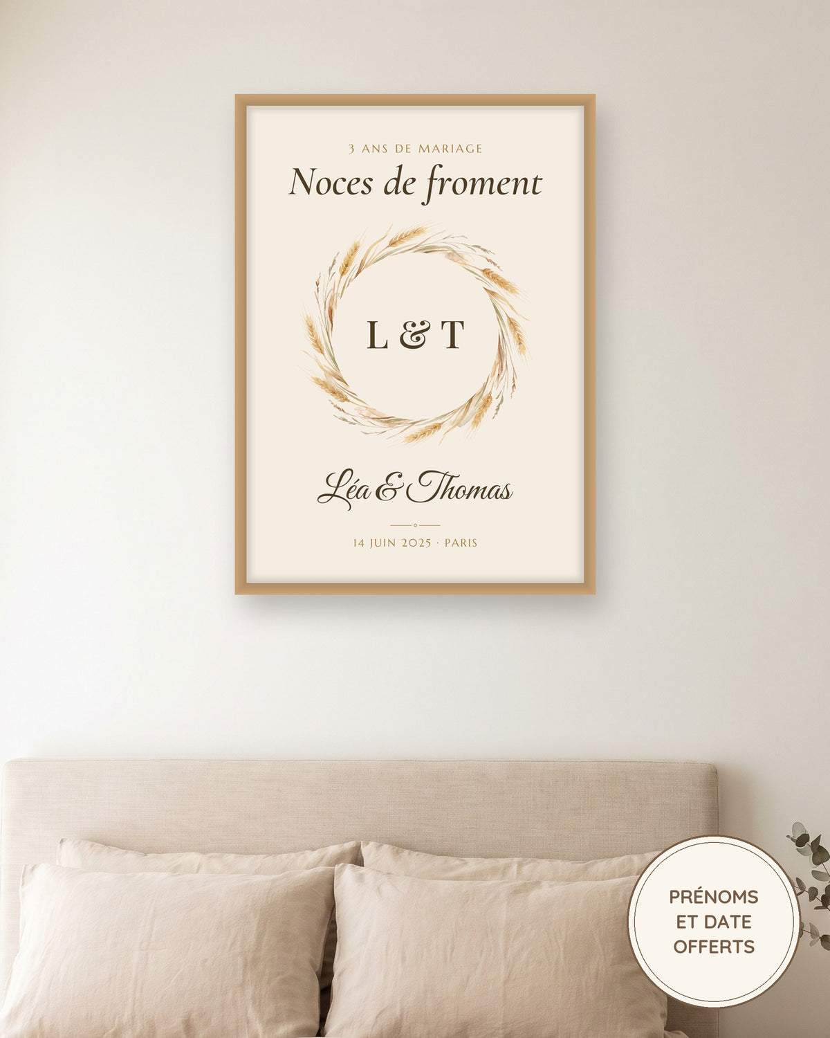 Affiche noces de froment personnalisée, 3 ans de mariage : l’affiche encadrée, exemple personnalisé