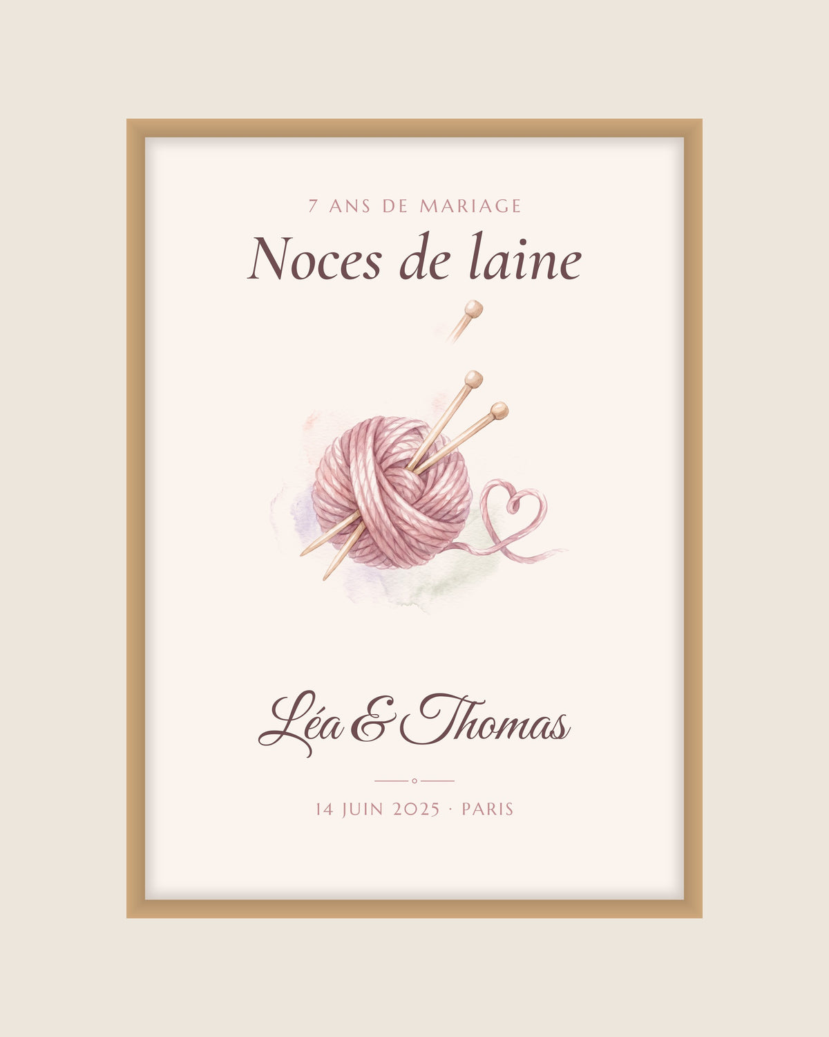 Affiche noces de laine personnalisée, 7 ans de mariage : l’affiche seule, exemple personnalisé